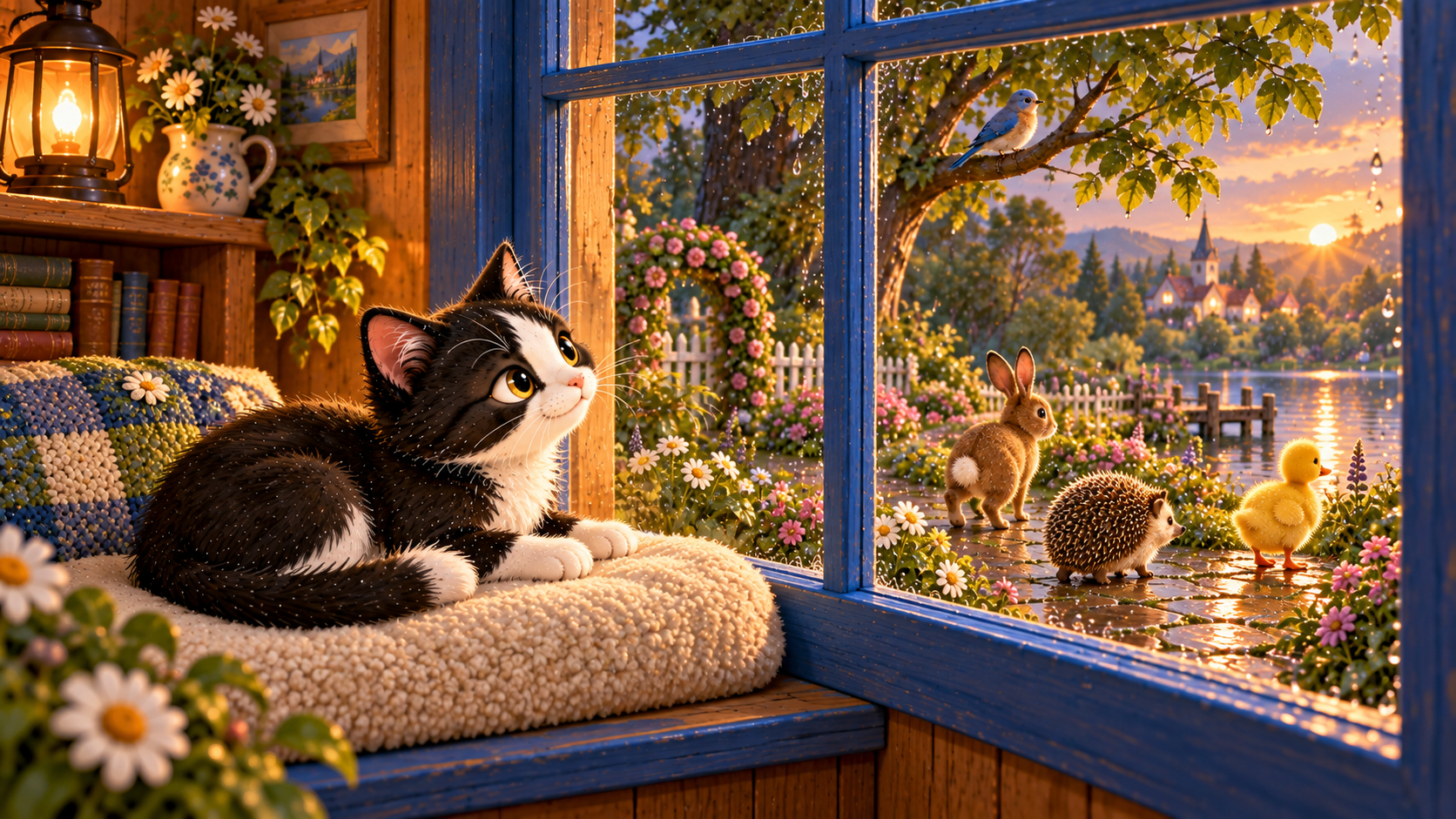 A curious black-and-white kitten at a blue cottage window, looking out at rabbit, hedgehog and duckling friends in a sunlit garden.